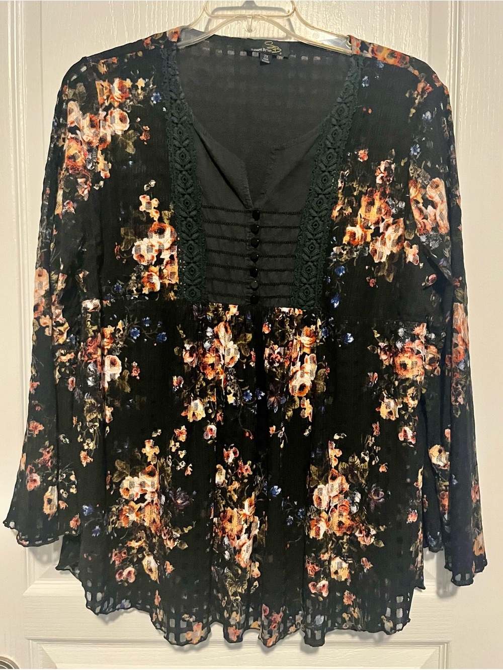 Floral Lace-Trim Black Peasant Blouse - Women's Top